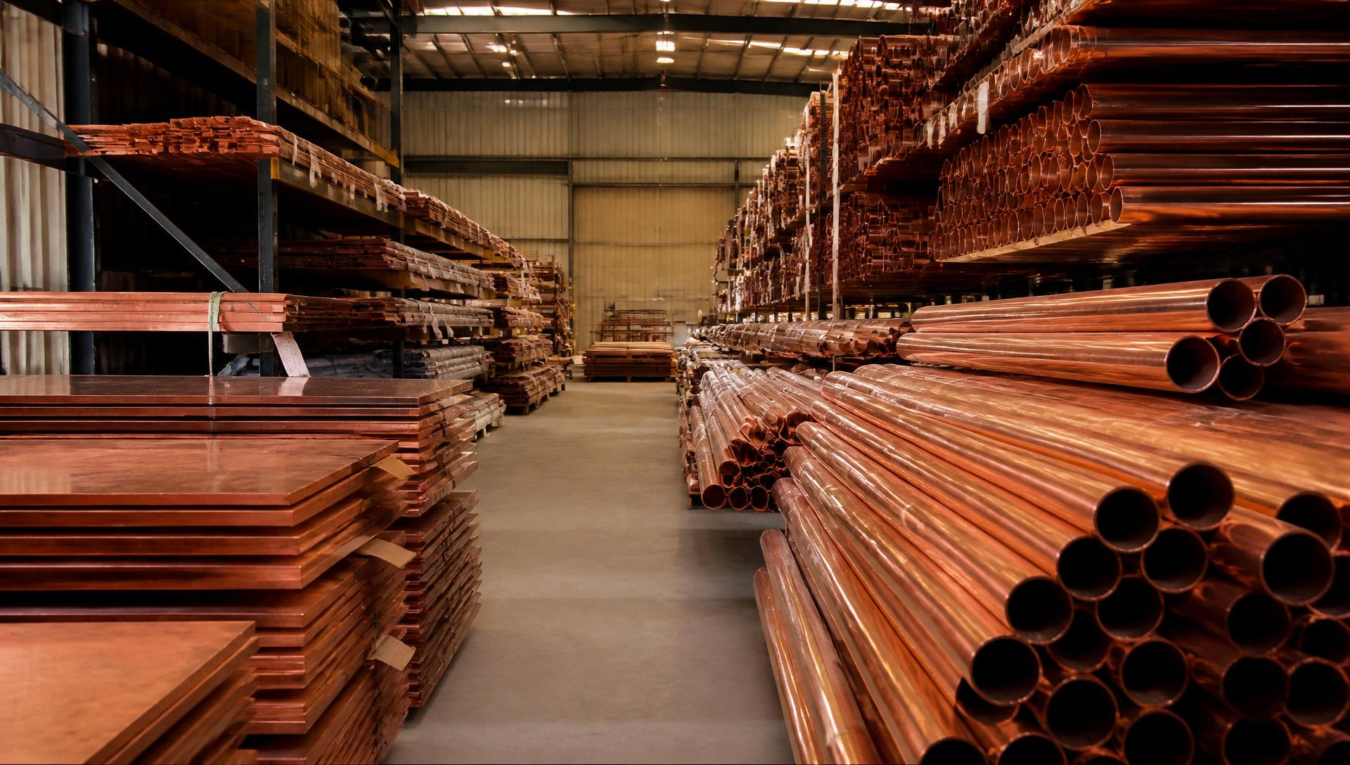 Copper supply warehouse with copper pipes and sheets